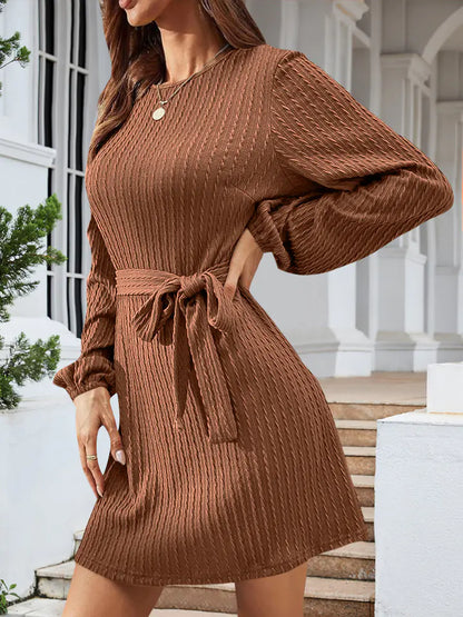 Aura13 Women’s Long Sleeve Knit Dress – 2023 Autumn/Winter Twist Design Puff Sleeve Bodycon Midi Dress