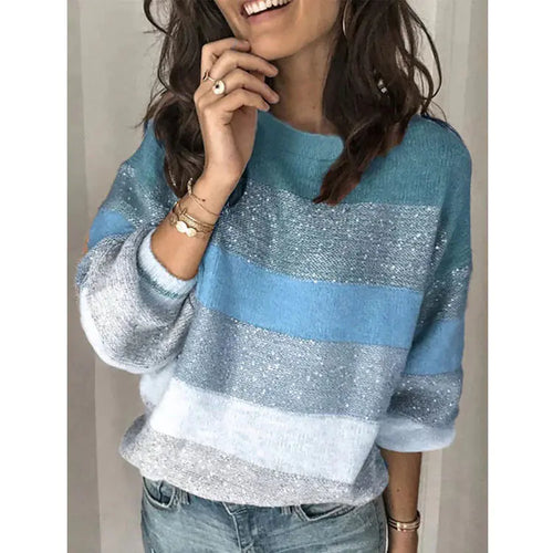 Aura13 Women’s Striped Knit Sweater – Cozy Cotton Wool Mohair Blend Pullover for Autumn & Winter