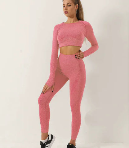Aura13 Seamless Long Sleeve Yoga Set – High Waist Leggings & Round Neck Top for Effortless Performance