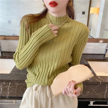 Aura13 Women’s High-Neck Slim Rib Knit Sweater – Stretch Pullover for Autumn & Winter