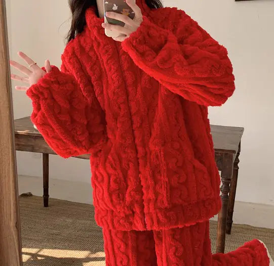 Aura13 Women’s Velvet Jacquard Pajama Set – Coral Plush Zipper Loungewear for Cozy Elegance