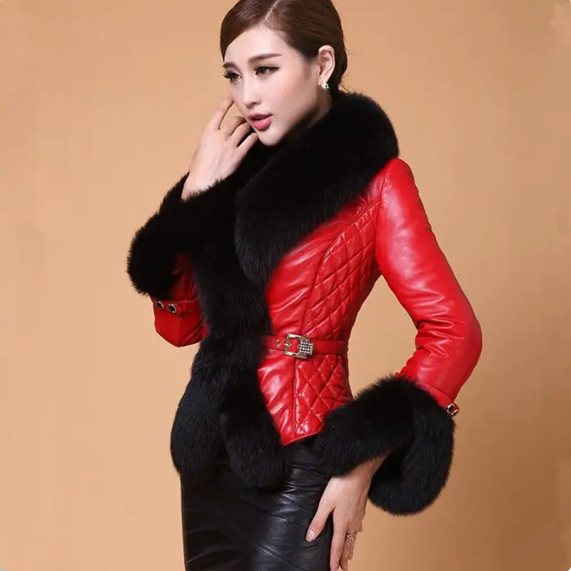 Aura13 Women’s Short Faux Leather Coat – PU Jacket with Fox Fur Collar