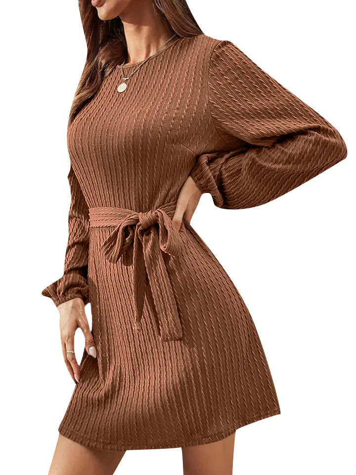 Aura13 Women’s Long Sleeve Knit Dress – 2023 Autumn/Winter Twist Design Puff Sleeve Bodycon Midi Dress