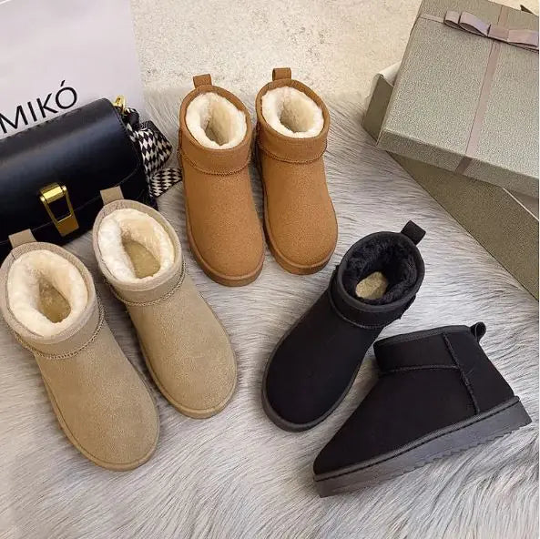 Aura13 Women’s Winter Flat Snow Boots – Warm Wool-Lined Leather & Suede Slip-On Boots