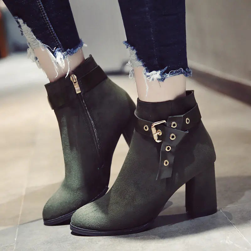 Aura13 Women’s Suede Heeled Ankle Boots – Pointed Toe Thick Heel Boots with Buckle Detail