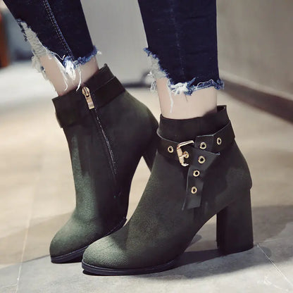 Aura13 Women’s Suede Heeled Ankle Boots – Pointed Toe Thick Heel Boots with Buckle Detail