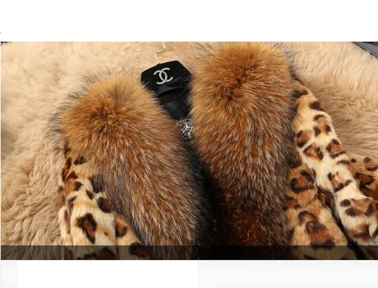 Aura13 Classic Leopard Print Faux Fur Coat for Women – Mid-Length Plush Winter Jacket