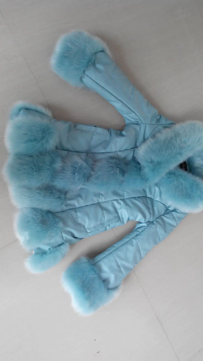 Aura13 Slim Fit Mid-Length Faux Fur Coat – Women’s Fox Fur Collar Winter Jacket