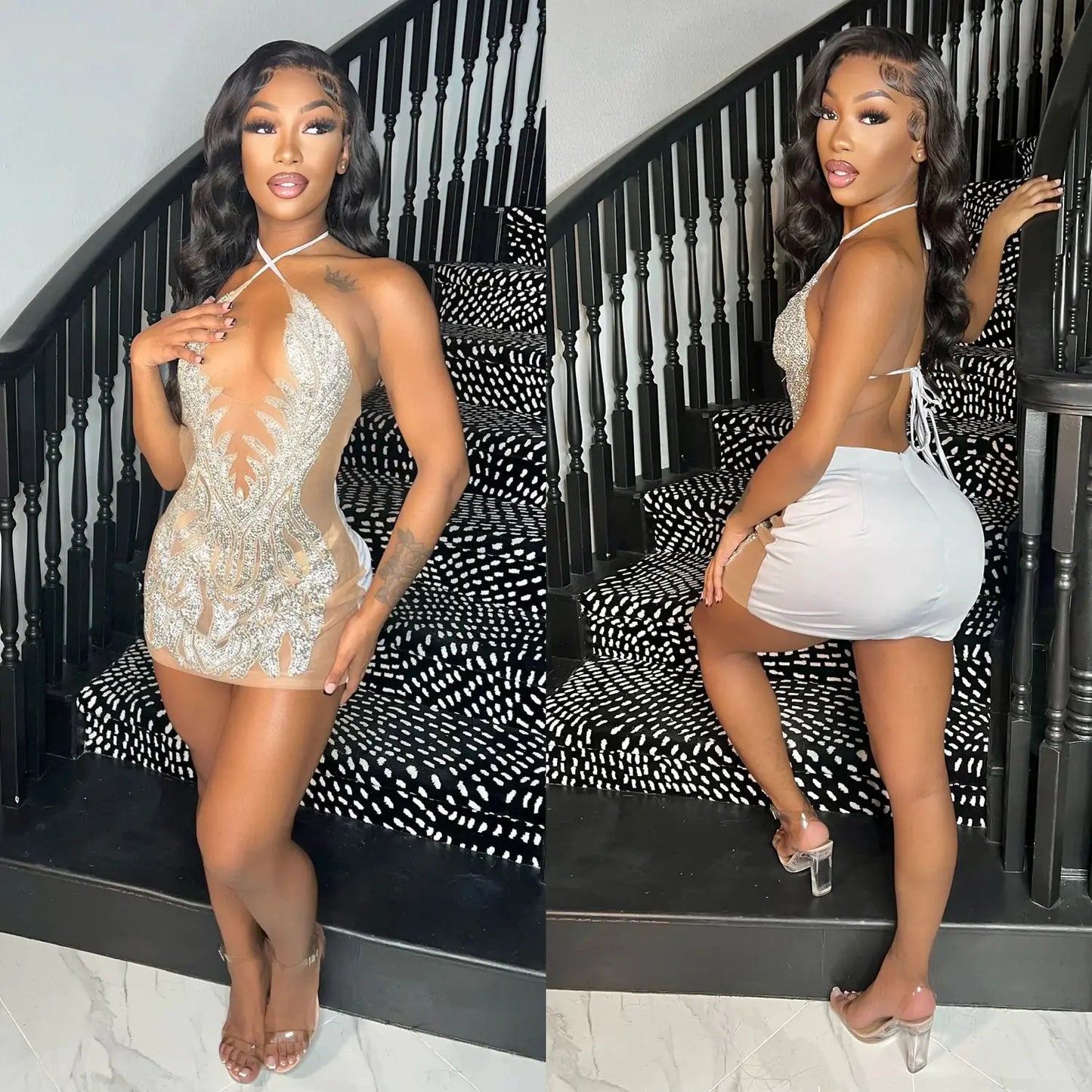 Aura13 Women’s See-Through Mesh Rhinestone Dress – Elegant Apricot Night Out Style