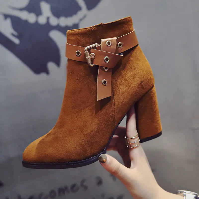 Aura13 Women’s Suede Heeled Ankle Boots – Pointed Toe Thick Heel Boots with Buckle Detail
