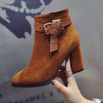 Aura13 Women’s Suede Heeled Ankle Boots – Pointed Toe Thick Heel Boots with Buckle Detail