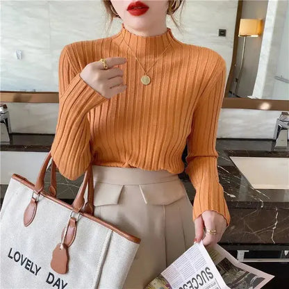 Aura13 Women’s High-Neck Slim Rib Knit Sweater – Stretch Pullover for Autumn & Winter