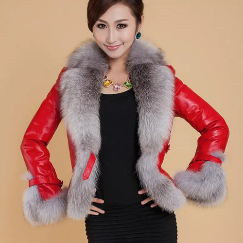 Aura13 Women’s Short Faux Leather Coat – PU Jacket with Fox Fur Collar