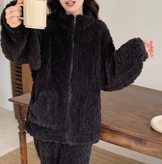 Aura13 Women’s Velvet Jacquard Pajama Set – Coral Plush Zipper Loungewear for Cozy Elegance