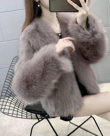 Aura13 Faux Fox & Rabbit Fur Coat – Short Plush One-Piece with Chic Collar and Zipper Detail
