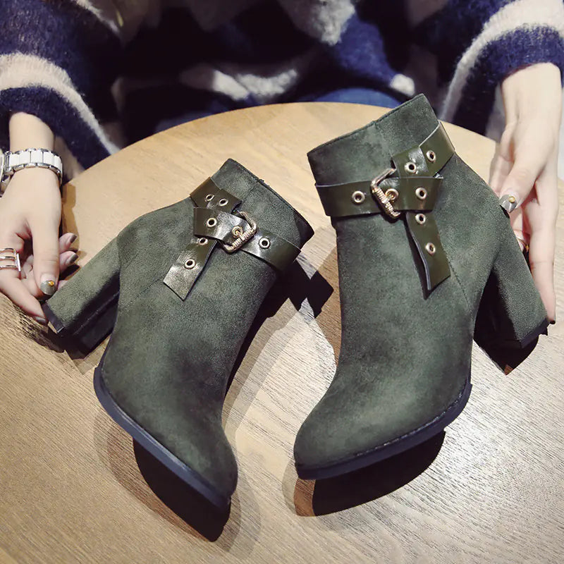 Aura13 Women’s Suede Heeled Ankle Boots – Pointed Toe Thick Heel Boots with Buckle Detail