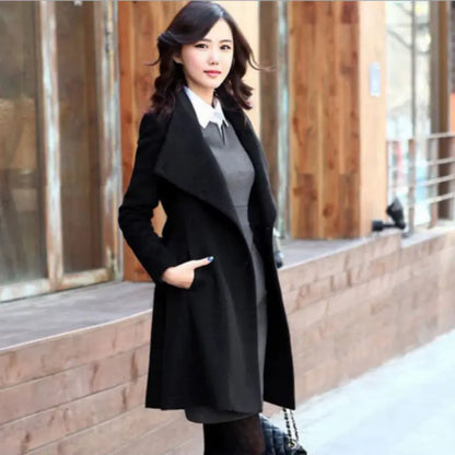 Aura13 Elegant Woolen Winter Coat – Long Belted Trench Overcoat for Women