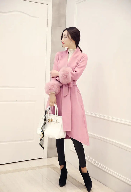 Aura13 Women’s Long Wool Blend Coat – Elegant Fox Fur Trim Winter Overcoat