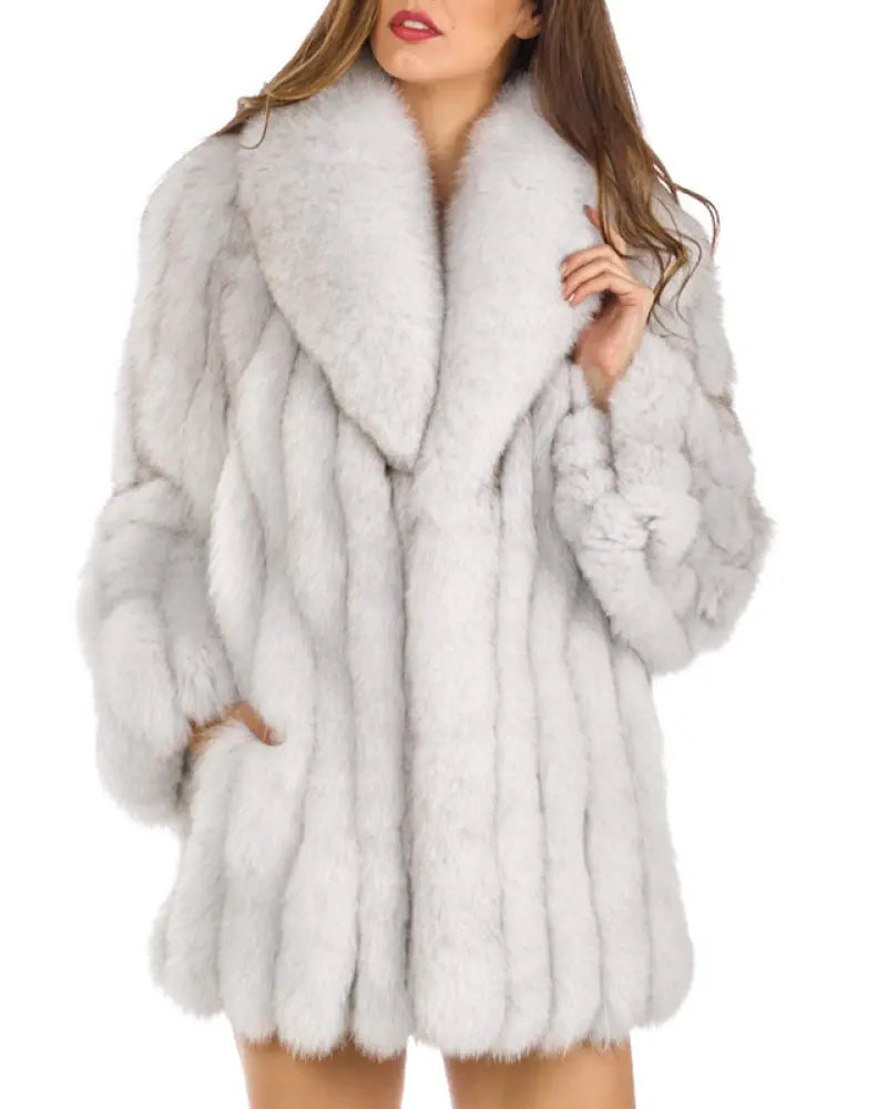 Aura13 Winter Faux Fur Coat for Women – Elegant Fox Fur Collar Plush Jacket