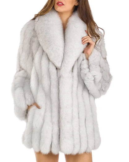 Aura13 Winter Faux Fur Coat for Women – Elegant Fox Fur Collar Plush Jacket