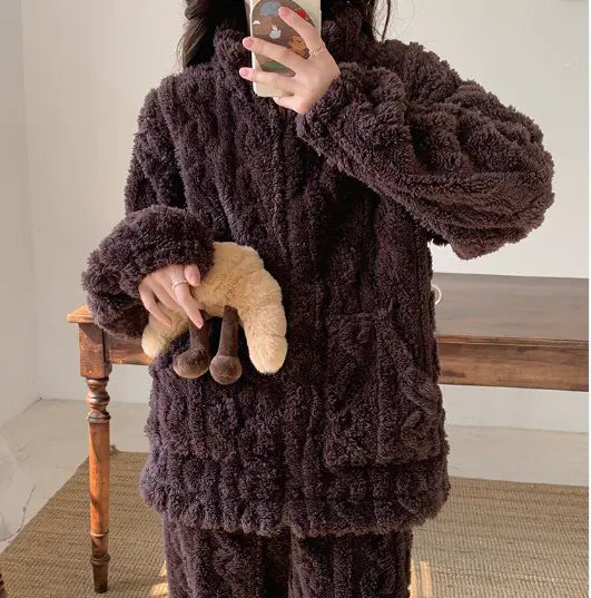 Aura13 Women’s Velvet Jacquard Pajama Set – Coral Plush Zipper Loungewear for Cozy Elegance