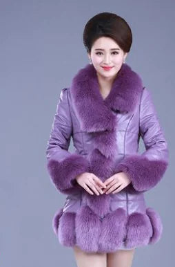 Aura13 Slim Fit Mid-Length Faux Fur Coat – Women’s Fox Fur Collar Winter Jacket