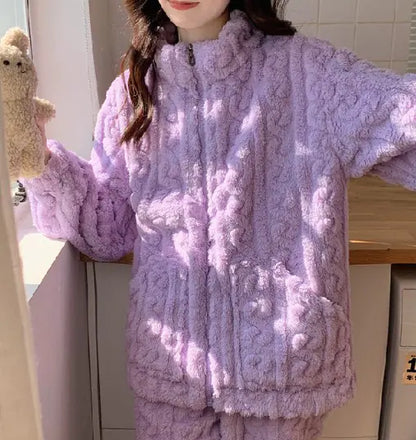 Aura13 Women’s Velvet Jacquard Pajama Set – Coral Plush Zipper Loungewear for Cozy Elegance