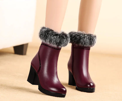 Aura13 Elegant Cowhide High Heel Boots – Warm Waterproof Genuine Leather Winter Boots for Women