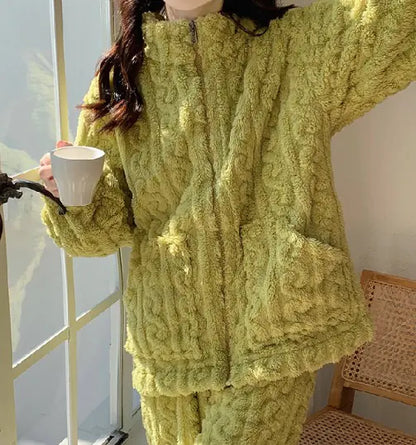 Aura13 Women’s Velvet Jacquard Pajama Set – Coral Plush Zipper Loungewear for Cozy Elegance