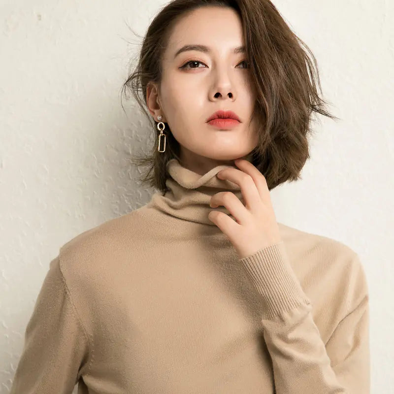 Aura13 Women’s High-Neck Knit Sweater – Slim Fit Wool Pullover for Autumn & Winter