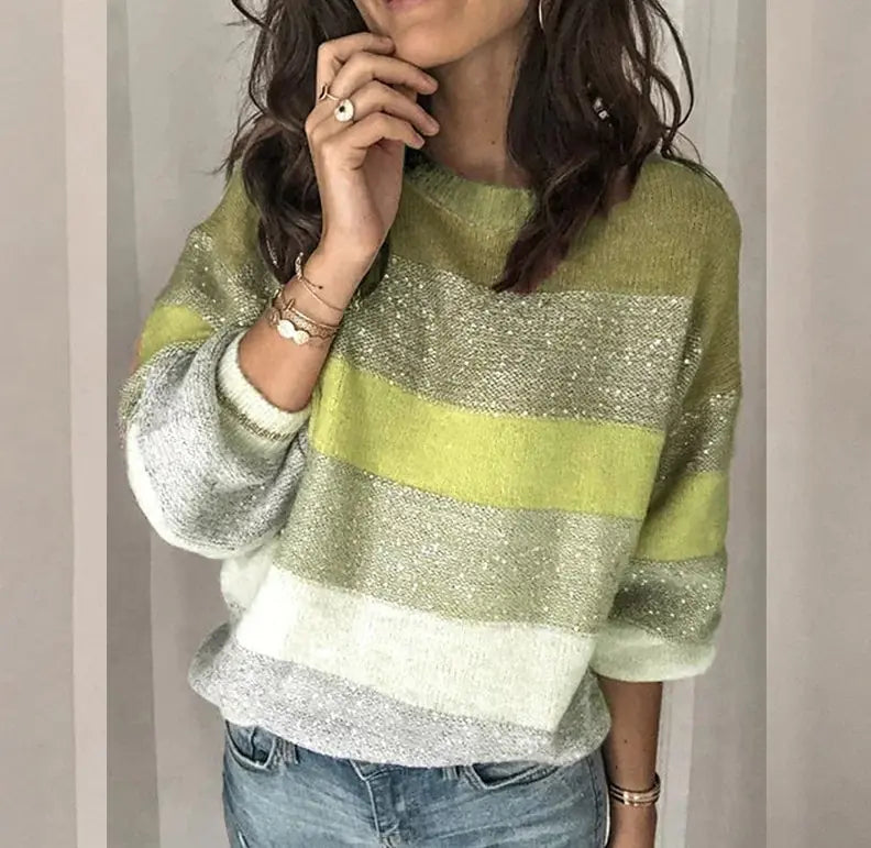 Aura13 Women’s Striped Knit Sweater – Cozy Cotton Wool Mohair Blend Pullover for Autumn & Winter