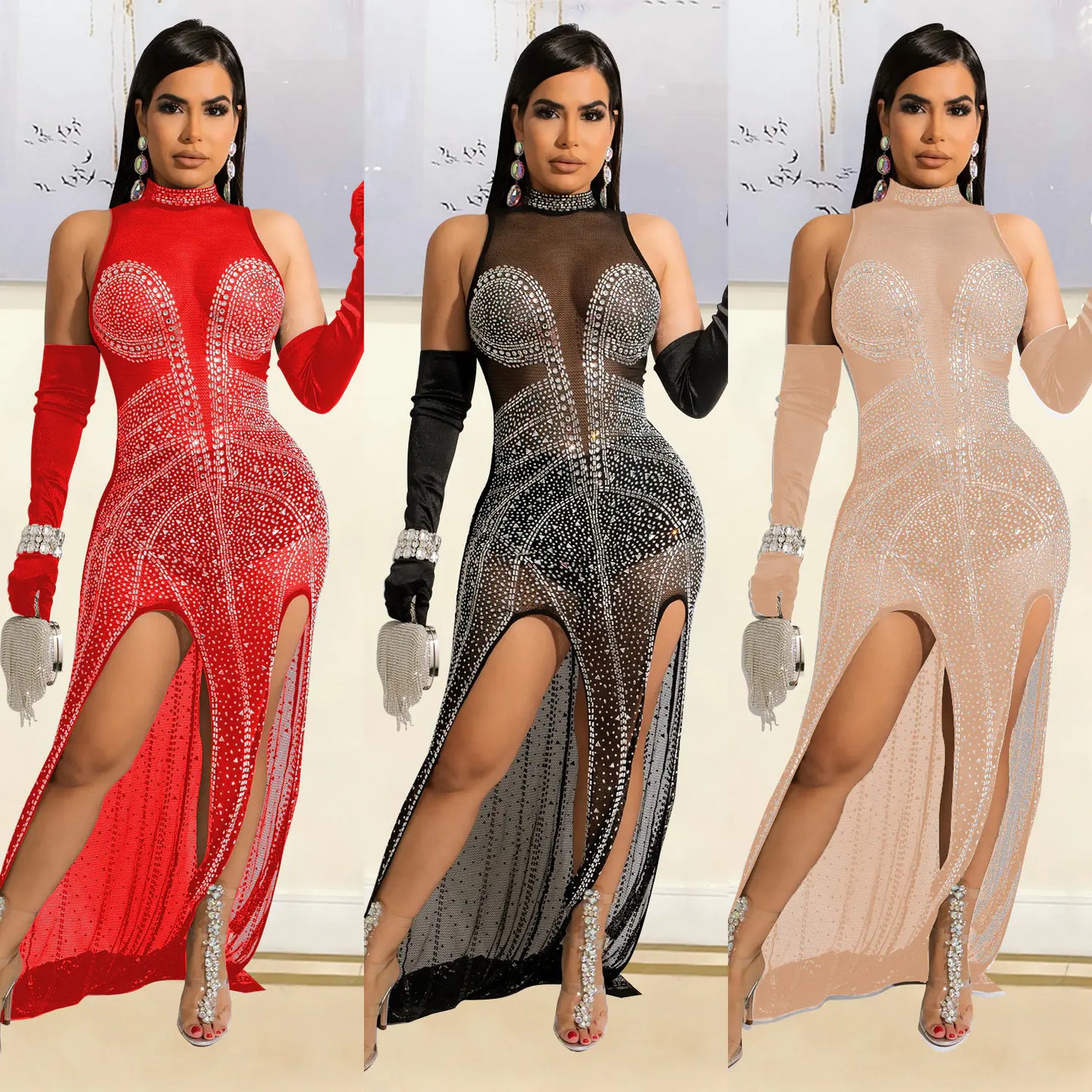 Aura13 Mesh Hot Drilling See-Through Dress – Elegant Long Asymmetric Gown for Night Out Glamour