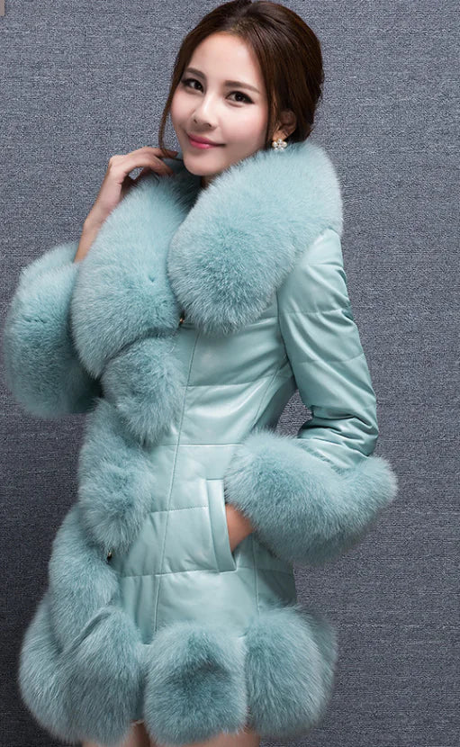 Aura13 Slim Fit Mid-Length Faux Fur Coat – Women’s Fox Fur Collar Winter Jacket