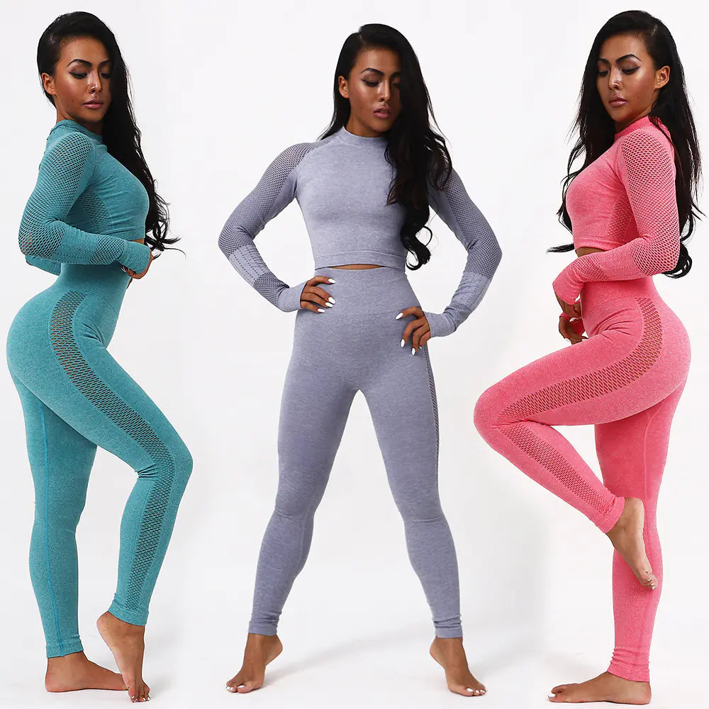 Aura13 Seamless Long Sleeve Yoga Set – High Waist Leggings & Round Neck Top for Effortless Performance