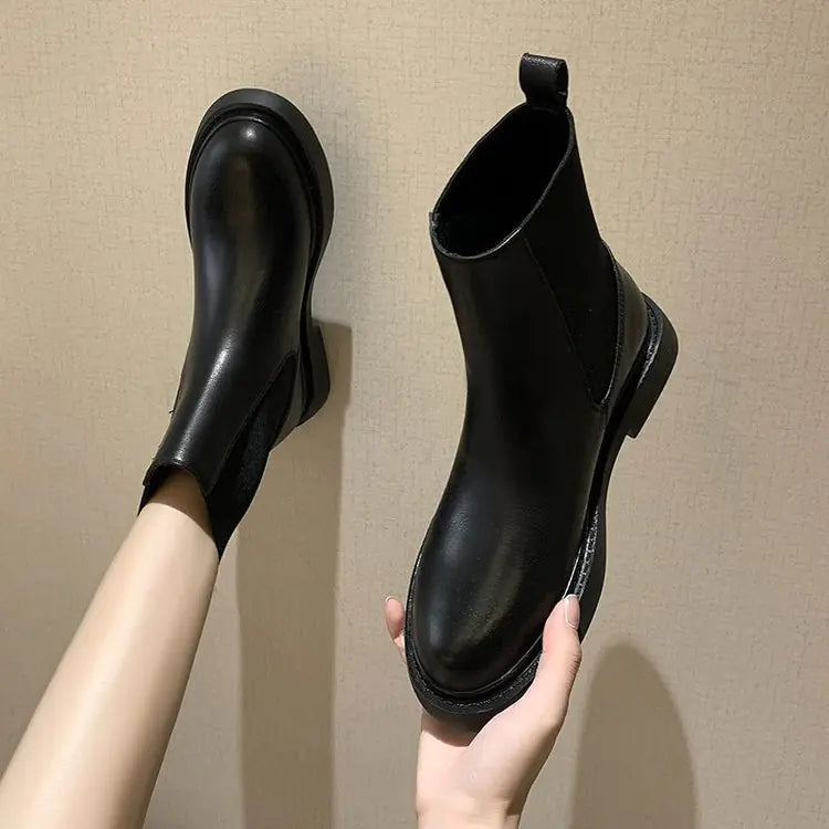 Aura13 Women’s Flat Martin Boots – Thin Stretch PU Leather Ankle Boots with Rubber Sole