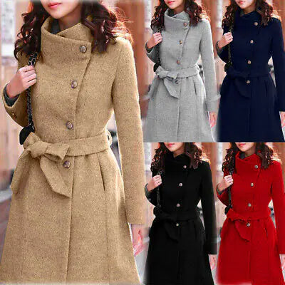 Aura13 Elegant Woolen Winter Coat – Long Belted Trench Overcoat for Women