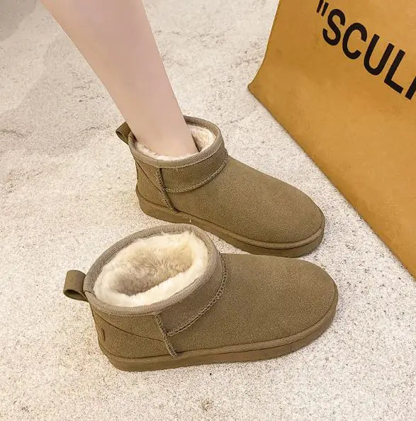 Aura13 Women’s Winter Flat Snow Boots – Warm Wool-Lined Leather & Suede Slip-On Boots