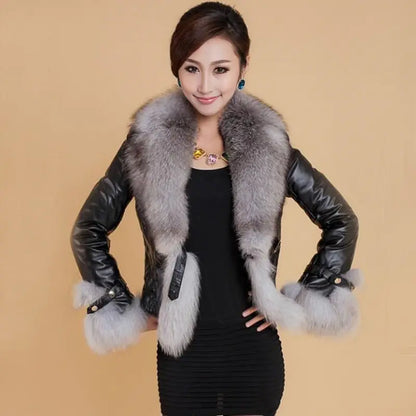 Aura13 Women’s Short Faux Leather Coat – PU Jacket with Fox Fur Collar