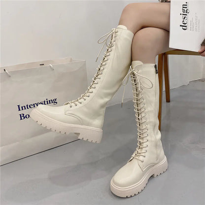 Aura13 Elegant High-Top Knight Boots for Women – Chunky Heel Warm PU Leather Winter Boots