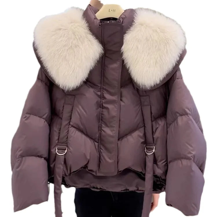 Aura13 Winter Cotton-Padded Coat with Fur Collar – Warm Long Sleeve Jacket for Women