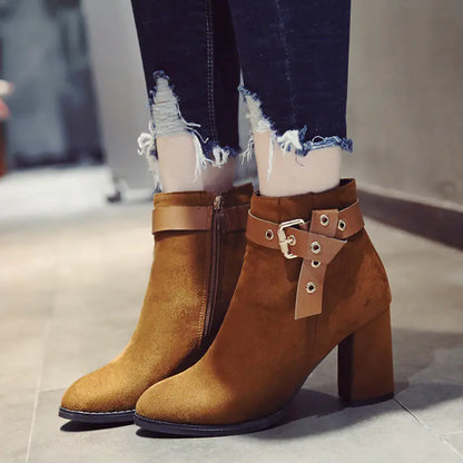 Aura13 Women’s Suede Heeled Ankle Boots – Pointed Toe Thick Heel Boots with Buckle Detail