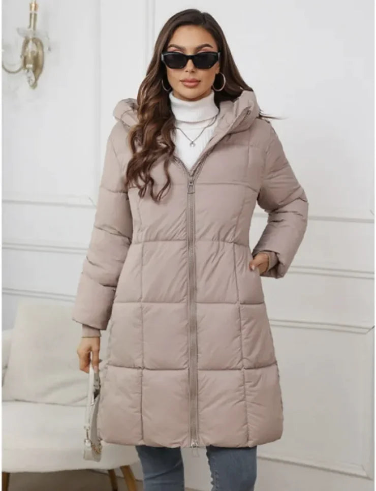 Aura13 Women’s Hooded Mid-Length Padded Coat – Warm Cotton-Filled Slim Fit Winter Jacket