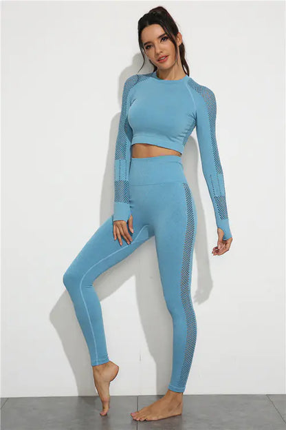 Aura13 Seamless Long Sleeve Yoga Set – High Waist Leggings & Round Neck Top for Effortless Performance