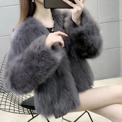 Aura13 Faux Fox & Rabbit Fur Coat – Short Plush One-Piece with Chic Collar and Zipper Detail