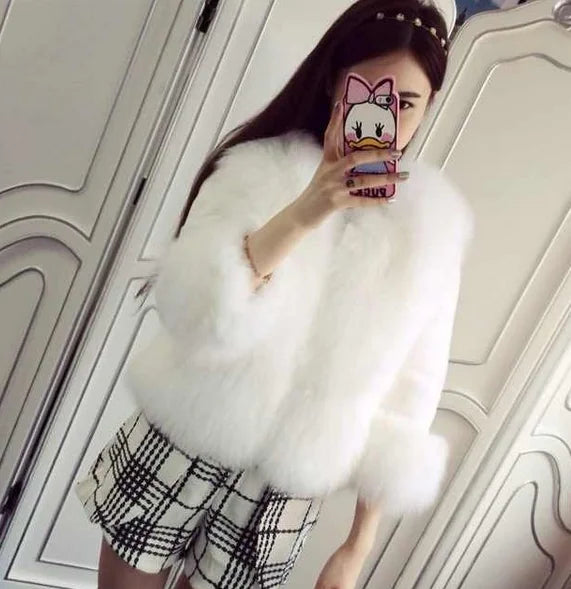 Aura13 Faux Fox & Rabbit Fur Coat – Short Plush One-Piece with Chic Collar and Zipper Detail
