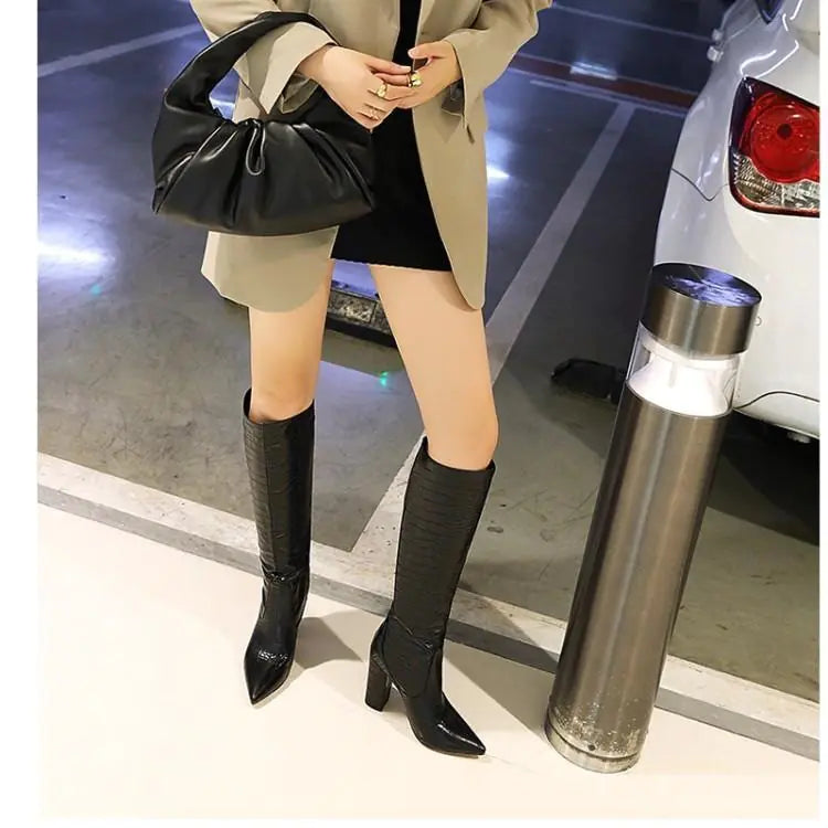 Aura13 Snake Print High Heel Boots for Women – Pointed Toe Super High Thick Heel Knee-High Fashion Boots