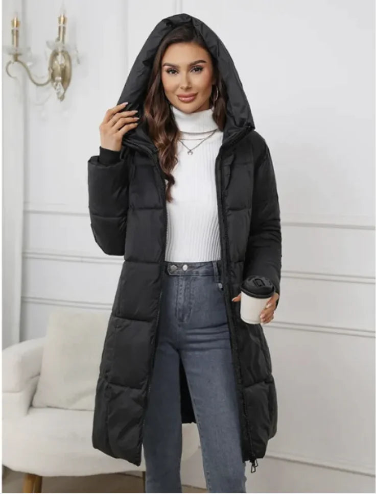 Aura13 Women’s Hooded Mid-Length Padded Coat – Warm Cotton-Filled Slim Fit Winter Jacket