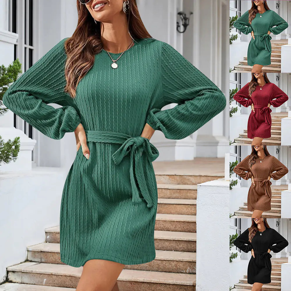 Aura13 Women’s Long Sleeve Knit Dress – 2023 Autumn/Winter Twist Design Puff Sleeve Bodycon Midi Dress