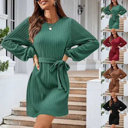 Aura13 Women’s Long Sleeve Knit Dress – 2023 Autumn/Winter Twist Design Puff Sleeve Bodycon Midi Dress