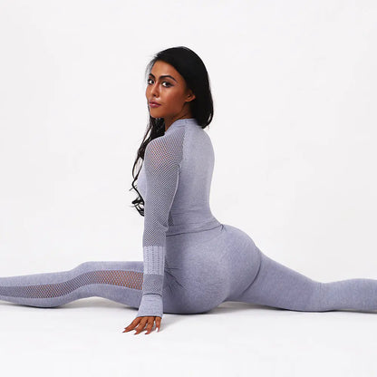 Aura13 Seamless Long Sleeve Yoga Set – High Waist Leggings & Round Neck Top for Effortless Performance